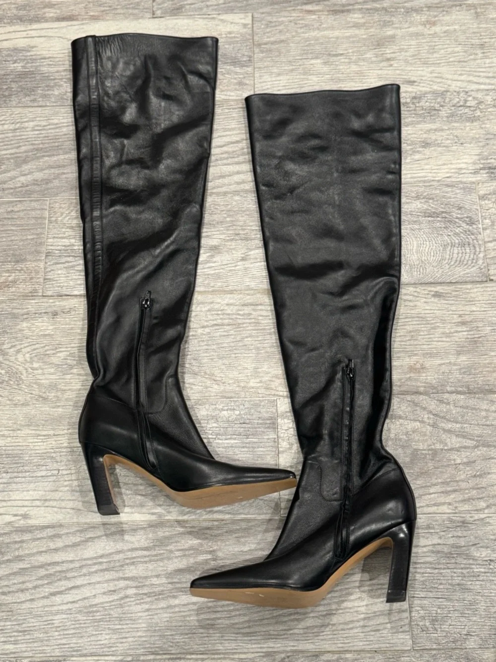 KHAITE Black Leather Marfa Over-The-Knee Square Toe Block Heel Boots